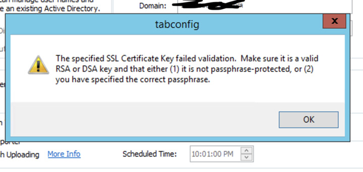 SSL Certificate key failed validation error SSL Certificate key failed validation error